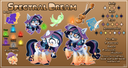 Size: 4700x2500 | Tagged: safe, artist:sunamoonmlp, derpibooru exclusive, imported from derpibooru, oc, oc only, earth pony, ghost, ghost pony, jellyfish, pony, undead, accessory, book, cheek fluff, chest fluff, commission, cute, ear fluff, female, hat, looking at you, mare, musical instrument, quill, reference sheet, smiling, smiling at you, violin, wisp