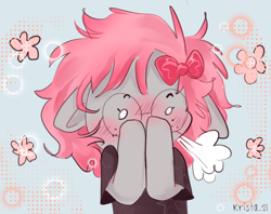 Size: 2100x1664 | Tagged: safe, artist:krista-21, imported from derpibooru, oc, oc only, oc:krista pebble, blushing, bow, bug and stone, clothes, cute, funny, glasses, hair bow, looking at each other, looking at someone, shirt, simple background, t-shirt