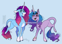 Size: 1099x787 | Tagged: safe, artist:wintery, imported from derpibooru, izzy moonbow, classical unicorn, pony, unicorn, cloven hooves, coat markings, duo, duo female, female, fetlock tuft, floppy ears, g5, grin, horn, leonine tail, light blue background, looking at you, mare, misty brightdawn, open mouth, open smile, pale belly, rebirth misty, simple background, smiling, smiling at you, socks (coat markings), standing on two hooves, unshorn fetlocks