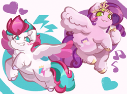 Size: 2701x2000 | Tagged: safe, artist:lumiville, imported from derpibooru, pipp petals, zipp storm, pegasus, pony, blush scribble, blushing, cellphone, chest fluff, chubby, diadem, duo, duo female, female, flying, g5, grin, heart, heart eyes, jewelry, lightning, mare, music notes, phone, pipp's phone, regalia, royal sisters (g5), siblings, sisters, smartphone, smiling, spread wings, starry eyes, unshorn fetlocks, wingding eyes, wings