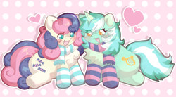 Size: 3560x1970 | Tagged: safe, artist:lumiville, imported from derpibooru, bon bon, lyra heartstrings, sweetie drops, earth pony, pony, unicorn, adorabon, blush scribble, blushing, chest fluff, clothes, cute, duo, duo female, female, floating heart, happy, heart, heart eyes, horn, lesbian, looking at each other, looking at someone, lyrabetes, lyrabon, mare, open mouth, open smile, polka dot background, scarf, shipping, sitting, smiling, socks, weapons-grade cute, wingding eyes