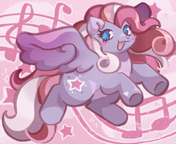 Size: 2347x1919 | Tagged: safe, artist:lumiville, imported from derpibooru, starsong, pegasus, pony, blush scribble, blushing, female, g3, heart, heart mark, mare, music notes, open mouth, open smile, smiling, solo, spread wings, starry eyes, stars, tail, wingding eyes, wings