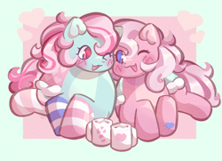 Size: 2770x2000 | Tagged: safe, artist:lumiville, imported from derpibooru, minty, pinkie pie, pinkie pie (g3), earth pony, pony, blushing, chocolate, clothes, duo, duo female, female, food, g3, heart, heart eyes, hot chocolate, lesbian, looking at each other, looking at someone, lying down, mare, marshmallow, mintypie, mismatched socks, mug, one eye closed, open mouth, open smile, prone, shipping, smiling, socks, striped socks, tail, wingding eyes