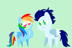 Size: 1935x1285 | Tagged: safe, anonymous artist, derpibooru exclusive, imported from derpibooru, rainbow dash, soarin', pegasus, pony, series:soarindash pregnancy, series:soarindash romantic tales, female, male, mare, morning sickness, pointy ponies, preggo dash, pregnant, shipping, soarindash, stallion, straight