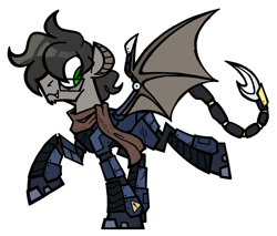 Size: 1225x1043 | Tagged: safe, artist:ccrystalonyxx, imported from derpibooru, oc, oc:cornerstone, bat pony, pony, fallout equestria, armor, clothes, commission, enclave, enclave armor, glasses, scarf, solo, spread wings, wings