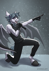 Size: 1640x2360 | Tagged: safe, artist:stirren, imported from derpibooru, oc, anthro, bat pony, bat pony oc, bat wings, kneeling, microphone, open mouth, pointing, pose, singing, wings