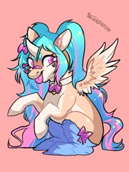 Size: 810x1080 | Tagged: safe, artist:theglitchberserk, imported from derpibooru, oc, oc only, alicorn, pony, alicorn oc, band-aid on nose, bandaid, bow, choker, clothes, curved horn, female, hair bow, hairclip, horn, mare, simple background, sitting, socks, solo, spread wings, tongue out, wings