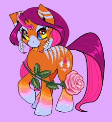 Size: 990x1080 | Tagged: safe, artist:theglitchberserk, imported from derpibooru, oc, oc only, pony, unicorn, curved horn, female, flower, horn, mandibles, mare, rose, simple background, solo, tongue out