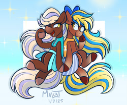 Size: 1353x1123 | Tagged: safe, artist:malcat, imported from derpibooru, horse, bow, clothes, duo, duo female, female, gradient background, gradient legs, gradient muzzle, hair bow, looking at each other, looking at someone, mare, one eye closed, open mouth, open smile, skirt, smiling, sparkles, sports outfit, tilly (wild manes), wild manes, zoey (wild manes)