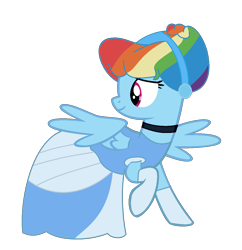 Size: 1216x1258 | Tagged: safe, artist:brightstar40k, imported from twibooru, rainbow dash, pegasus, pony, alternate hairstyle, cinderella, clothes, cute, dashabetes, dress, evening gloves, female, gloves, image, long gloves, mare, png, rainbow dash always dresses in style, simple background, smiling, solo, spread wings, transparent background, vector, wings