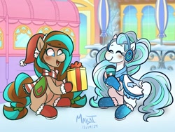 Size: 1000x750 | Tagged: safe, artist:malcat, imported from derpibooru, horse, chocolate, christmas, clothes, cocoa (wild manes), cup, dress, duo, duo female, earmuffs, eyes closed, female, food, hat, holiday, hot chocolate, mare, open mouth, open smile, perla (wild manes), present, santa hat, scarf, sitting, smiling, snow, socks, table, umbrella, wild manes