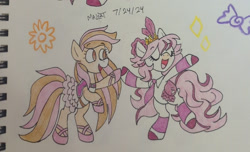 Size: 1415x863 | Tagged: safe, alternate version, artist:malcat, imported from derpibooru, horse, ballet slippers, bow, bridget (wild manes), candi (wild manes), candy, clothes, dancing, diamond, dress, duo, duo female, eye clipping through hair, eyes closed, female, flower, food, hair bow, indoors, leg warmers, mare, necktie, open mouth, open smile, simple background, smiling, traditional art, white background, wild manes