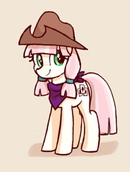 Size: 457x603 | Tagged: safe, artist:backgroundmares, imported from derpibooru, penny ante, earth pony, pony, clothes, cowboy hat, cowgirl, cute, female, hat, looking sideways, mare, neckerchief, pigtails, shadow, simple background, smiling, solo, standing, stetson, yellow background