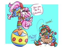 Size: 1000x750 | Tagged: safe, artist:malcat, imported from derpibooru, horse, balancing, ball, bandana, bow, bowtie, candi (wild manes), clothes, clown, clown nose, clown outfit, cocoa (wild manes), costume, duo, duo female, eye clipping through hair, eyes closed, female, floppy ears, gradient muzzle, hair bow, juggling, mare, open mouth, open smile, red nose, shoes, sitting, smiling, speech bubble, tail, tail bow, wild manes