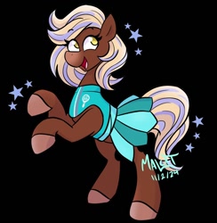 Size: 976x1000 | Tagged: safe, artist:malcat, imported from derpibooru, horse, alternate hairstyle, black background, clothes, female, gradient muzzle, mare, open mouth, open smile, raised hooves, short mane, simple background, skirt, smiling, solo, sports outfit, stars, tilly (wild manes), wild manes