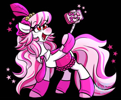 Size: 1200x994 | Tagged: safe, artist:malcat, imported from derpibooru, horse, black background, candi (wild manes), clothes, eye clipping through hair, female, gradient muzzle, holding, leg warmers, mare, necktie, open mouth, open smile, phone, selfie stick, simple background, smiling, solo, stars, wild manes