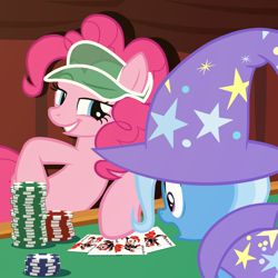 Size: 4000x4000 | Tagged: safe, artist:trimpsy, imported from derpibooru, pinkie pie, trixie, earth pony, pony, unicorn, bipedal, bipedal leaning, cape, card, casino, clothes, curtains, duo, duo female, female, hat, horn, jester, jester outfit, jester pie, joker, leaning, mare, playing card, poker, poker chips, poker table, shocked, show accurate, smugpie, tail, trixie's cape, trixie's hat, visor