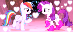 Size: 1052x457 | Tagged: safe, edit, edited screencap, imported from derpibooru, screencap, rainbow dash, rarity, pegasus, pony, unicorn, season 8, the end in friend, spoiler:s08, boots, clothes, duo, duo female, female, folded wings, heart, horn, lesbian, looking at each other, looking at someone, mare, my little pony, raised hoof, raridash, scarf, shipping, shoes, smiling, smiling at each other, wings