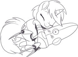 Size: 1141x833 | Tagged: safe, artist:nauyaco, imported from derpibooru, oc, pony, unicorn, female, horn, mare, monochrome, portal (valve), simple background, sleeping, solo, turret, turret (portal), white background