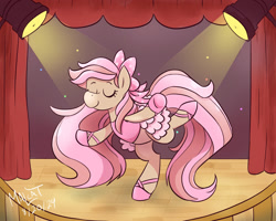 Size: 2000x1600 | Tagged: safe, artist:malcat, imported from derpibooru, horse, ballet, ballet slippers, bow, bridget (wild manes), clothes, curtains, dress, eyes closed, female, gradient muzzle, hair bow, light, mare, smiling, solo, spotlight, stage, wild manes