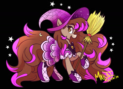 Size: 1847x1334 | Tagged: safe, artist:malcat, imported from derpibooru, horse, black background, bowtie, broom, clothes, costume, crescent moon, dreamer (wild manes), dress, female, gradient muzzle, halloween, halloween costume, hat, holiday, mare, moon, open mouth, open smile, raised hoof, shoes, simple background, smiling, solo, stars, wild manes, witch, witch costume, witch hat