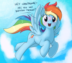 Size: 2648x2315 | Tagged: safe, artist:eels, imported from derpibooru, rainbow dash, pegasus, pony, birthday, blushing, bronybait, cloud, compliment, dialogue, flirting, flying, heart, heart eyes, looking at you, open mouth, rainbow dash's birthday, solo, spread wings, talking to viewer, wingding eyes, wings