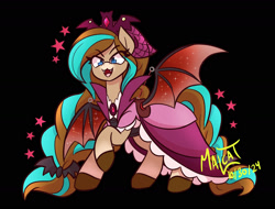 Size: 1757x1334 | Tagged: safe, artist:malcat, imported from derpibooru, horse, undead, vampire, bandana, bat wings, black background, bow, clothes, cocoa (wild manes), costume, dress, eye clipping through hair, fake fangs, fake wings, fangs, female, gradient legs, gradient muzzle, hair bow, halloween, halloween costume, holiday, mare, open mouth, raised hoof, simple background, solo, spread wings, stars, tail, tail bow, vampire costume, wild manes, wings