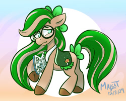 Size: 1268x1021 | Tagged: safe, artist:malcat, imported from derpibooru, oc, oc only, oc:clover, horse, book, bow, bowtie, female, glasses, gradient background, gradient legs, gradient muzzle, hair bow, mare, mushroom, shy, solo, tail, tail bow, wild manes, wild manes oc