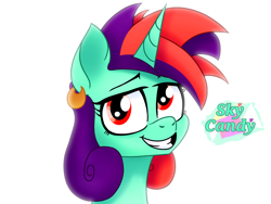 Size: 2048x1536 | Tagged: safe, artist:orange becrux, imported from derpibooru, oc, oc only, oc:skycandy, alicorn, bust, cute, ear piercing, earring, female, jewelry, piercing, portrait, smiling, solo, solo female