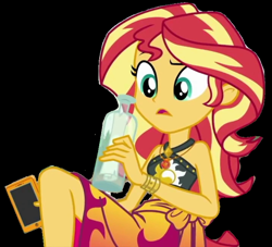 Size: 724x658 | Tagged: safe, artist:dragonkingamn, edit, edited screencap, imported from derpibooru, screencap, sunset shimmer, equestria girls, equestria girls series, x marks the spot, bare shoulders, bikini, bikini top, black background, cellphone, clothes, confused, eyebrows, geode of empathy, jewelry, leather, leather bikini, magical geodes, message in a bottle, my little pony equestria girls: better together, necklace, open mouth, phone, raised eyebrow, simple background, sleeveless, solo, sunset shimmer's beach shorts swimsuit, swimsuit, teenager, wrist cuff