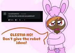 Size: 1920x1370 | Tagged: safe, artist:snowflakepone, imported from derpibooru, button mash, abdl, animal costume, bunny costume, clothes, costume, diaper, diaper fetish, fetish, onesie, pink background, simple background, speech bubble, text