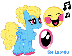 Size: 603x471 | Tagged: safe, artist:kharmacal, imported from derpibooru, oc, oc only, oc:smilesong, pegasus, beanbrows, blue coat, butt fluff, caption, chest fluff, curly hair, ear fluff, eyebrows, hair bun, image macro, pink eyes, pink hooves, reference sheet, simple background, solo, text, transparent background, unshorn fetlocks, yellow hair