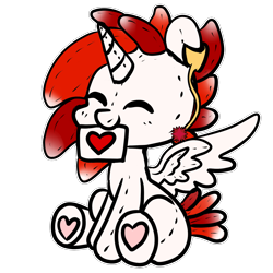 Size: 1500x1500 | Tagged: safe, artist:anykoe, imported from derpibooru, oc, oc:ryoku memori, alicorn, alicorn oc, commission, cute, ear piercing, earring, eyes closed, heart, horn, jewelry, male, piercing, plushie, sign, simple background, sitting, solo, spread wings, transparent background, wings, ych result, your character here