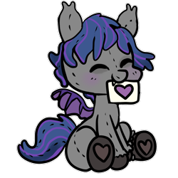 Size: 1500x1500 | Tagged: safe, artist:anykoe, imported from derpibooru, oc, oc:shadow bite, bat pony, bat pony oc, bat wings, blushing, commission, cute, eyes closed, fangs, heart, male, plushie, sign, simple background, sitting, solo, spread wings, transparent background, wings, ych result, your character here