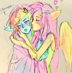 Size: 2214x2263 | Tagged: safe, artist:ieatedyuripizza, imported from derpibooru, fluttershy, rainbow dash, human, duo, duo female, eared humanization, female, flutterdash, hug, humanized, kissing, lesbian, shipping, winged humanization, wings