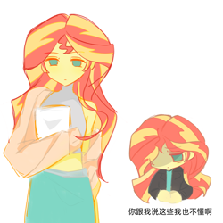 Size: 2480x2480 | Tagged: safe, artist:lue4245889, imported from derpibooru, sunset shimmer, human, equestria girls, chinese, clothes, humanized, jacket, skirt, solo, text