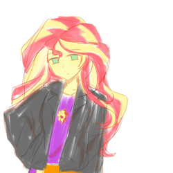 Size: 2480x2480 | Tagged: safe, artist:lue4245889, imported from derpibooru, sunset shimmer, human, equestria girls, clothes, expressionless face, green eyes, humanized, jacket, shirt, simple background, solo, two toned hair, upper body, white background, yellow skin