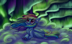 Size: 4100x2500 | Tagged: safe, artist:sunamoonmlp, derpibooru exclusive, imported from derpibooru, rainbow dash, pegasus, pony, aurora borealis, cheek fluff, chest fluff, cloud, cute, ear fluff, eye clipping through hair, female, lying down, lying on a cloud, mare, night, on a cloud, outdoors, sky, smiling, solo, stars, wings