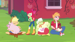 Size: 1920x1080 | Tagged: safe, artist:gaelgaming1, edit, edited screencap, imported from derpibooru, screencap, apple bloom, applejack, big macintosh, granny smith, bird, human, pig, equestria girls, boots, clothes, my little pony equestria girls: better together, outdoors, rooster, scene interpretation, shoes, sitting, sweet apple acres