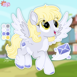 Size: 2000x2000 | Tagged: safe, artist:lovinglypromise, imported from derpibooru, derpy hooves, pegasus, pony, alternate cutie mark, alternate design, cloven hooves, coat markings, color palette, colored hooves, colored wings, colored wingtips, eye clipping through hair, eyebrows, eyebrows visible through hair, facial markings, female, fetlock tuft, flying, gradient legs, gradient wings, hooves, mare, open mouth, open smile, pale belly, smiling, solo, spread wings, stripe (coat marking), wings