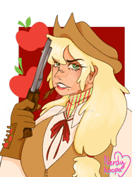 Size: 1280x1707 | Tagged: safe, artist:nerdykoopa, imported from derpibooru, applejack, human, applejack's hat, bandana, clothes, cowboy, cowboy hat, cowgirl, deviantart watermark, female, freckles, gloves, grin, gun, handgun, hat, humanized, lipstick, makeup, obtrusive watermark, revolver, shirt, simple background, smiling, solo, species swap, straw in mouth, transparent background, vest, watermark, weapon