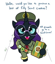 Size: 1290x1499 | Tagged: safe, artist:jargon scott, imported from derpibooru, oc, oc:nyx, alicorn, pony, cute, dialogue, fangs, female, filly, filly guides, foal, girl scout cookies, glasses, lidded eyes, looking at you, mare, merit badge, nyxabetes, nyxruary, ocbetes, open mouth, open smile, round glasses, simple background, smiling, smiling at you, solo, talking to viewer, white background