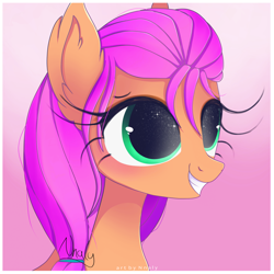 Size: 4000x4000 | Tagged: safe, artist:nnaly, imported from derpibooru, sunny starscout, earth pony, pony, bust, cute, eyelashes, female, g5, gradient background, long eyelashes, mare, my little pony: a new generation, pink background, portrait, simple background, smiling, solo, sparkles, sparkly eyes, starry eyes, sunnybetes, wingding eyes