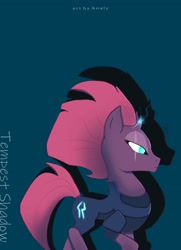 Size: 1999x2760 | Tagged: safe, artist:nnaly, imported from derpibooru, tempest shadow, pony, unicorn, blue background, broken horn, eye scar, facial scar, female, horn, mare, scar, simple background, solo