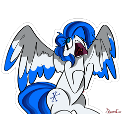 Size: 3250x2980 | Tagged: safe, artist:portercat, imported from derpibooru, applejack, oc, oc:sibir, pegasus, pony, blue eyes, blue mane, colored wings, female, light skin, multicolored wings, screaming, silly, silly pony, sitting, who's a silly pony, wings