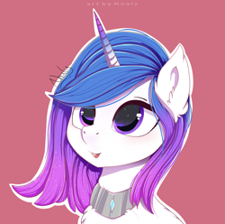 Size: 3615x3580 | Tagged: safe, artist:nnaly, imported from derpibooru, oc, oc only, oc:cosmic snow, unicorn, chest fluff, ear fluff, female, horn, mare, open mouth, red background, simple background, solo, unicorn oc