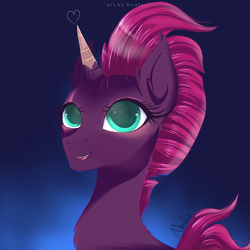 Size: 4000x4000 | Tagged: safe, artist:nnaly, imported from derpibooru, fizzlepop berrytwist, tempest shadow, pony, unicorn, blue background, eye scar, facial scar, female, gradient background, horn, mare, scar, simple background, smiling, solo, sparkles, sparkly eyes, starry eyes, tempest gets her horn back, wingding eyes