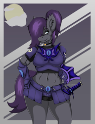 Size: 1216x1582 | Tagged: safe, artist:jimjamdoodles, imported from derpibooru, oc, oc only, oc:moon dancer, anthro, bat pony, plantigrade anthro, abs, anthro oc, armor, belly, belly button, big breasts, breasts, clothes, fangs, female, goth, guard, guardsmare, hair over one eye, helmet, mare, midriff, night guard, piercing, ponytail, redesign, royal guard, socks, solo, solo female, sword, thigh highs, unconvincing armor, weapon, wide hips