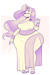 Size: 2050x3050 | Tagged: safe, artist:secretgoombaman12345, imported from derpibooru, princess celestia, alicorn, anthro, aside glance, big breasts, bracelet, breasts, brooch, chubbylestia, clothes, cocktail dress, crown, dress, ear piercing, earring, eyelashes, fat, female, greek clothes, grin, high heel sandals, high heels, jewelry, lidded eyes, looking at you, piercing, regalia, sandals, shoes, sideways glance, simple background, sketch, slightly chubby, smiling, solo, solo female, thighs, thunder thighs, wide hips