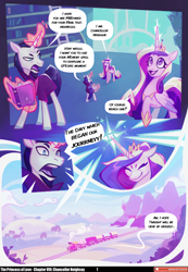 Size: 3538x5118 | Tagged: safe, artist:adreamera, artist:lummh, artist:ternonadime, imported from derpibooru, chancellor neighsay, princess cadance, shining armor, alicorn, pony, unicorn, comic:the princess of love, absurd file size, absurd resolution, book, canterlot, canterlot castle, comic, equestria, facial hair, female, flashback, framing device, horn, library, magic, male, mare, mountain, scenery, smiling, smug, smug smile, smugdance, stallion, train, train tracks, window